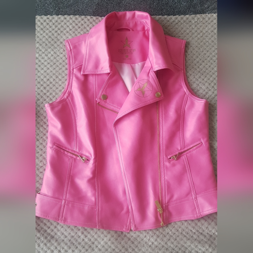 Jeffrey Star pink leather sleeveless biker jacket/s